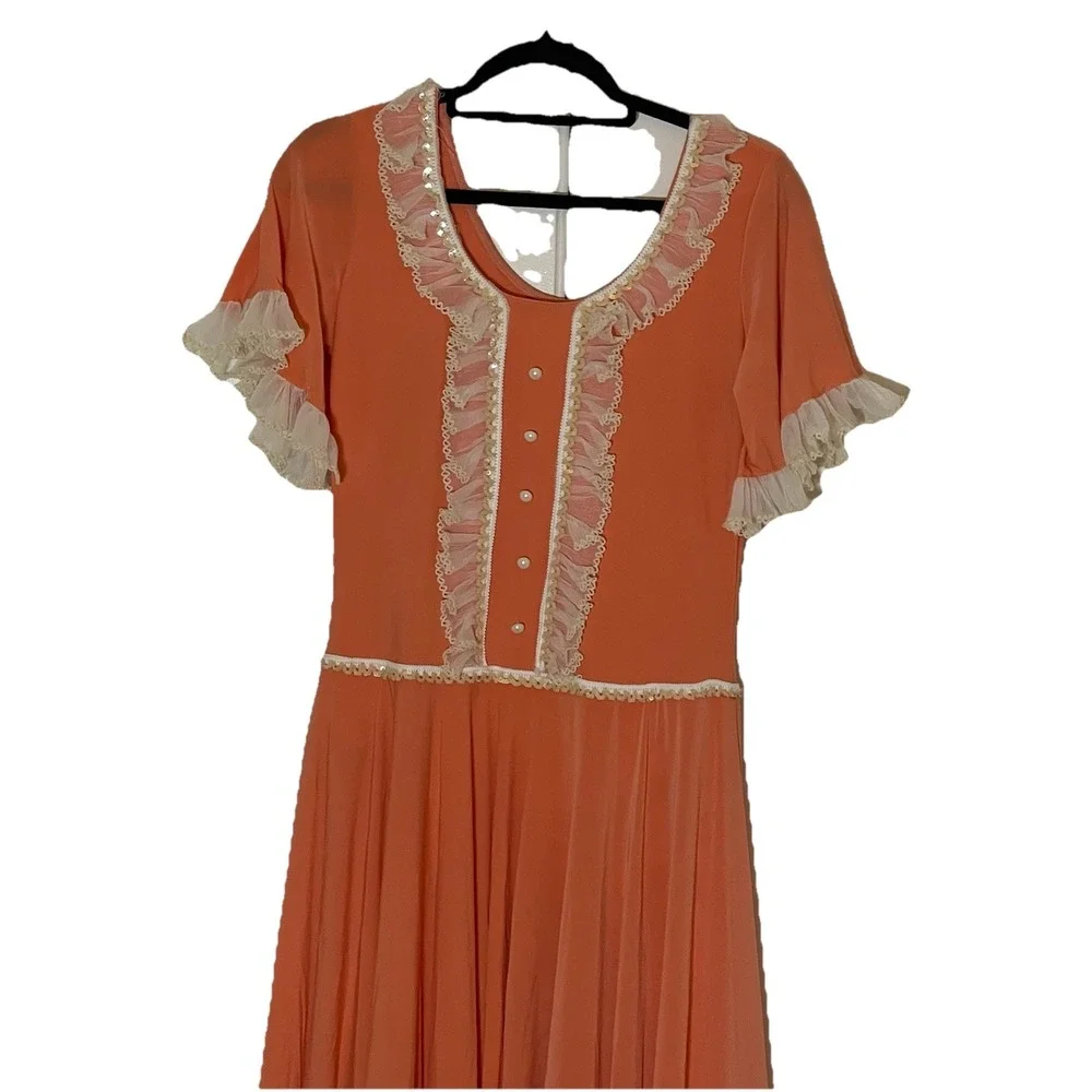 Cottagecore Prarie peach-colored‎ dress lace sequin trim Morute Costume